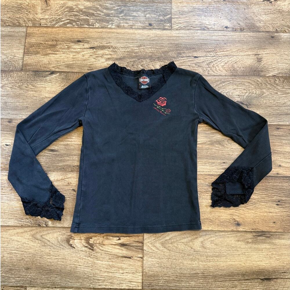 Vintage Y2k Harley Davidson Black Long Sleeve Lace Top